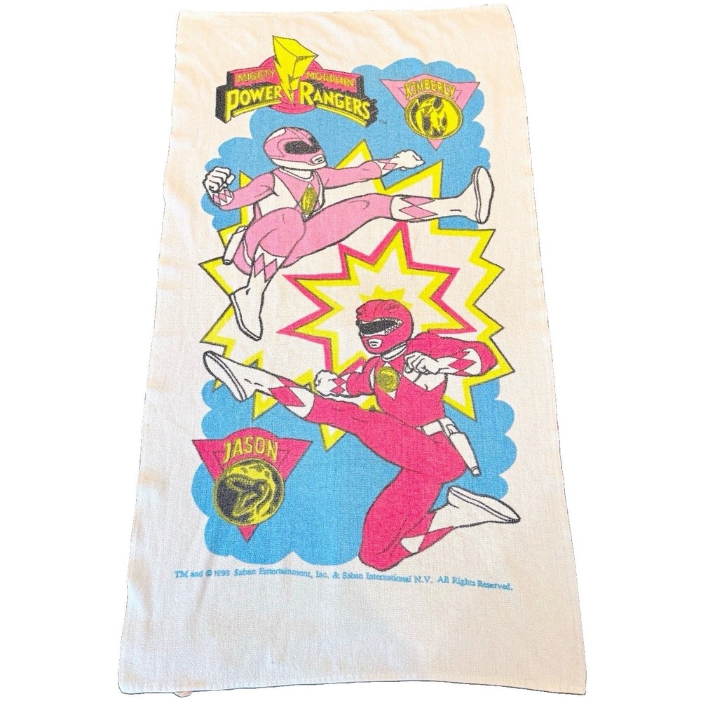 Vtg 1993 Mighty Morphin Power Rangers Beach Towel Pink Red Ranger Jason Kimberly
